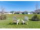 Inviting backyard with lush green grass, mature trees, and comfortable Adirondack chairs, perfect for relaxation at 11232 Bram Bay Ct, San Antonio, FL 33576