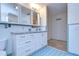 Bathroom features classic blue tile flooring, vanity with drawers and cabinets, plus mirror at 13908 Paradise Ln, Dade City, FL 33525