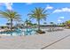 Resort-style community pool featuring palm trees, lounge chairs, a splash pad, and a slide for ultimate relaxation and fun at 3528 Golden Wheat Ln, Plant City, FL 33565