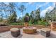 Backyard with a fire pit and patio seating, surrounded by mature trees at 3668 Janus Way, Palm Harbor, FL 34685