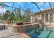 A screened in pool with integrated spa and a stone water feature and lush landscaping at 3668 Janus Way, Palm Harbor, FL 34685
