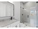 Elegant bathroom featuring granite countertop, a walk-in shower, and modern fixtures at 3815 W Obispo St, Tampa, FL 33629