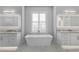 Luxurious bathroom with a freestanding tub, marble floors, and dual vanities with backlit mirrors at 3815 W Obispo St, Tampa, FL 33629