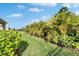 Lush backyard with a well-maintained lawn and beautiful tropical landscaping at 5647 Del Coronado Dr, Apollo Beach, FL 33572