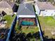 Aerial view of a home showcasing a private, screened-in pool and spacious backyard in a residential neighborhood at 11218 Creek Haven Dr, Riverview, FL 33569