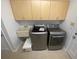 Convenient laundry room with modern washer, dryer, and storage cabinets above sink and machines at 13304 Meadowwood Ct, Tampa, FL 33618