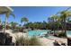 Beautiful community pool surrounded by palm trees, chairs, and a small bridge at 8906 Iron Oak Ave, Tampa, FL 33647
