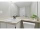 Bright bathroom featuring a white sink, modern black faucet, neutral color palette, and a decorative plant at 24510 Mason Ct, Lutz, FL 33559