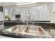 Kitchen sink with black countertop and view of the living room through open kitchen at 24510 Mason Ct, Lutz, FL 33559