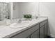 Bathroom featuring double sinks, gray cabinetry, and ample counter space at 35320 Spruce Knob Ct, Dade City, FL 33525