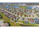 Aerial shot of a residential neighborhood featuring a community pond, sidewalks, and green spaces at 12225 Lake Blvd, New Port Richey, FL 34655