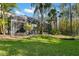 Well-maintained backyard featuring lush green grass, tropical trees, and a screened lanai, perfect for outdoor relaxation at 14841 Tudor Chase Dr, Tampa, FL 33626