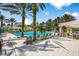 Community pool featuring ample lounge seating, covered patio area and surrounded by lush palm trees on a sunny day at 14841 Tudor Chase Dr, Tampa, FL 33626