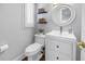 Stylish powder room with shaker vanity, round mirror, and modern fixtures at 4514 W Beachway Dr, Tampa, FL 33609