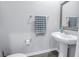 Powder room features a pedestal sink, gray walls and weathered wood-look mirror at 1109 Lady Gouldian Ct, Tampa, FL 33613