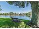 Scenic pond view featuring tranquil waters, bench seating, and beautifully landscaped surroundings at 1204 Blackrush Dr, Tarpon Springs, FL 34689