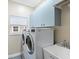 A bright laundry room includes washer, dryer, sink, blue cabinets, and a window at 3876 Timber Ridge Ct, Palm Harbor, FL 34685