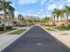 Straight street view highlighting homes with red tile roofs and palm tree-lined sidewalks at 3876 Timber Ridge Ct, Palm Harbor, FL 34685
