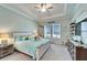 Bright bedroom featuring a ceiling fan, tray ceiling, and nautical decor at 31999 Surfton Knot Ct, San Antonio, FL 33576