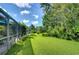 Expansive backyard with lush lawn, mature trees, and screened patio area at 10222 Woodford Bridge St, Tampa, FL 33626