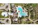 Aerial view of a community pool with a unique design surrounded by palm trees and a splash park nearby at 1435 Montgomery Bell Rd, Wesley Chapel, FL 33543