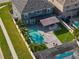 Aerial view of a backyard featuring a pool, outdoor kitchen, fire pit, and lush landscaping at 3654 Beneraid St, Land O Lakes, FL 34638