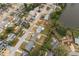 Aerial view of a property near a lake, showing the backyard and neighborhood layout at 1109 Landau St, Holiday, FL 34690