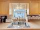 Close-up of a kitchen sink with wooden cabinets and a view to the outside at 504 Cara Ct # 504, Largo, FL 33771