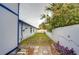 Narrow backyard space with a white fence, small patch of grass, and some foliage at 9319 Ashfield Ct, Tampa, FL 33615