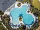 An aerial shot of the community pool with a unique shape, lounge chairs, and lush tropical landscaping at 1409 Tropical Oasis Ave, Plant City, FL 33565