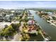 Stunning aerial view of a waterfront community with lush landscaping and canal access to the open bay and Gulf of Mexico at 3447 Flamingo Blvd, Hernando Beach, FL 34607