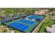 Overhead view of the community's blue and green tennis courts, surrounded by trees and parking at 3530 Birkdale Ln, Palm Harbor, FL 34684