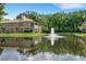 Scenic view of a community pond and fountain with well-manicured landscaping and lush trees at 4216 Preserve Pl, Palm Harbor, FL 34685