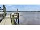 A boat dock with a ladder on the edge overlooking calm water and green trees at 2307 7Th Sw St, Ruskin, FL 33570