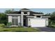 Modern home with a two-car garage, stone accents, and a well-manicured lawn at 425 Sun Chaser Dr, Nokomis, FL 34275