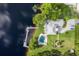 Aerial view featuring a private pool, lush lawn, long dock, and beautiful landscaping on a lakefront property at 8711 Brooke Angela Dr, Odessa, FL 33556