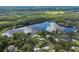 Expansive aerial view of the property showcasing a large lake, lush greenery, and surrounding neighborhood at 8711 Brooke Angela Dr, Odessa, FL 33556