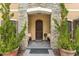 Inviting front entrance with stone accents, potted plants, and a charming arched doorway at 8711 Brooke Angela Dr, Odessa, FL 33556