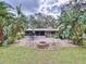 Landscaped backyard with brick patio, fire pit, screened in patio and lush tropical foliage at 1216 Lotus Path, Clearwater, FL 33756