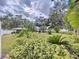 Green backyard featuring mature trees, lush tropical foliage and white privacy fence at 1216 Lotus Path, Clearwater, FL 33756