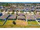 Wide aerial view of a residential neighborhood showcasing numerous single-Gathering homes and well-maintained lawns at 14618 Scottburgh Glen Dr, Wimauma, FL 33598