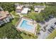 Overhead shot showcases the community pool featuring lounge chairs, lush landscaping, and parking at 2700 Bayshore Blvd # 9404, Dunedin, FL 34698