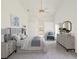 Staged main bedroom showcasing vaulted ceilings, gray color palette, and ample space at 4320 Northampton Dr, New Port Richey, FL 34653