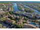 An aerial view shows community buildings close to river access, lush landscaping, and a pool at 6330 Newtown Cir # 30B4, Tampa, FL 33615