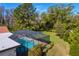 Backyard view of a screened-in pool surrounded by lush greenery and well-maintained lawn at 18312 Pleasant Ridge Pl, Lutz, FL 33548