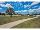 Spacious front yard with beautiful palm tree and a walkway to the house; blue skies above at 3303 Ranchdale Dr, Plant City, FL 33566