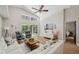 Bright living room with high ceilings, wood floors, and sliding doors to the backyard at 4932 Wellbrook Dr, New Port Richey, FL 34653