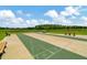 A shuffleboard court surrounded by benches and greenery is shown on a sunny day at 5016 Bella Armonia Cir, Wimauma, FL 33598