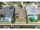 Aerial view of a beautifully landscaped property with a well-maintained lawn and refreshing swimming pool at 5709 Sea Turtle Pl, Apollo Beach, FL 33572