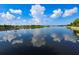 Scenic view of the lake featuring cloud reflections, a boat dock, and lush shoreline at 5709 Sea Turtle Pl, Apollo Beach, FL 33572